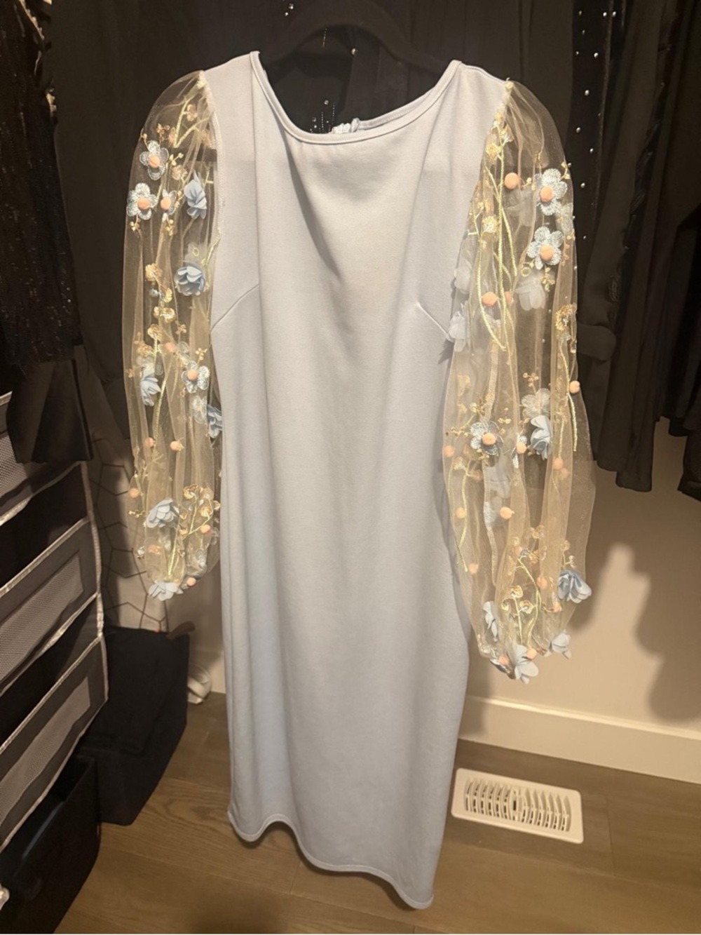 SHEIN Powder Blue Midi Dress with Embroidered Sheer Puff Sleeves